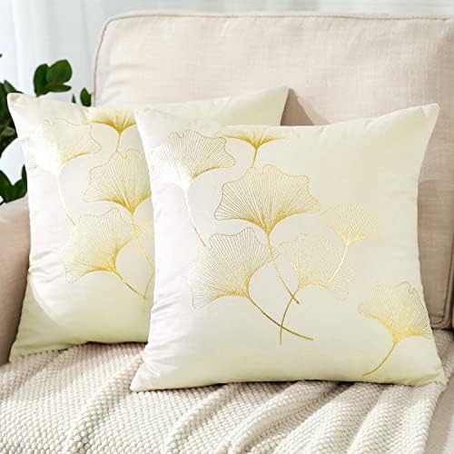 JOTOM Pack of 2 Cushion Covers 45x45cm Cozy Velvet Decor Throw Pillow Covers Gold Ginkgo Leaves Bronzing Decorative Pillow Cases Cushion Cover for Couch Bedroom Living Room Sofa Car Home Decor (Black)