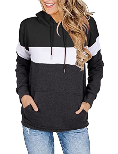 Yuson Girl Damen Hoodie Farbblock Sweatshirtjacke Pullover Oberteile Casual Gestreifte Kapuzenpullover(schwarz,S) Cover