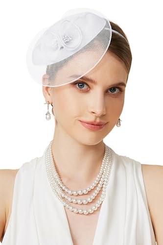 BABEYOND Chapeau bibi pour femme, élégant couvre-chef avec fleurs en maille et pince à cheveux pour mariage, jour de course, cocktail, blanc, Taille unique