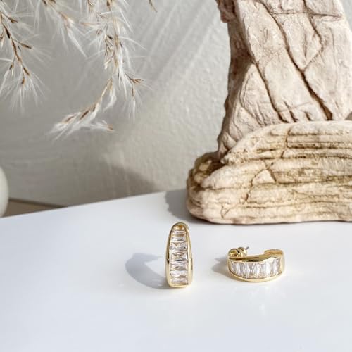Image of Obidos 14K Gold Plated chunky hoops | Thick Huggie Earrings | Open Hoop Earrings, Baguette Cubic Zirconia Hoops