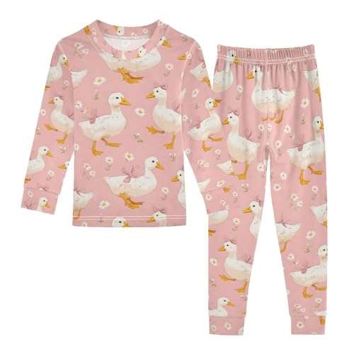ALAZA Duck Bow Flower Blossom Pajamas Long Sleeve Sleepwear 2-Piece Pajama Set