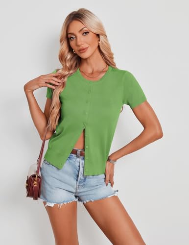 Image of GRACE KARIN Women Short Sleeve Cardigan, 2026 Summer Knitted Sweater Tops, Basic Crew Neck Crop Outfits
