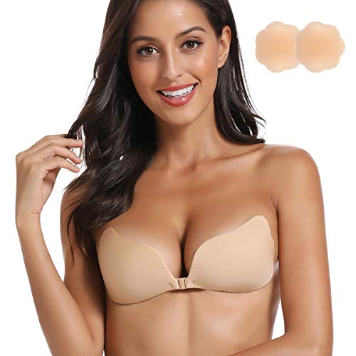 SHINYMOD Soutien Gorge Adhesif Cache Teton Soutien Gorge Collant Soutien Gorge Dos Nu Invisible RéUtilisable en Forme D'Aile Soutien Gorge sans Bretelles Noir Push Up Soutien Gorge Femme