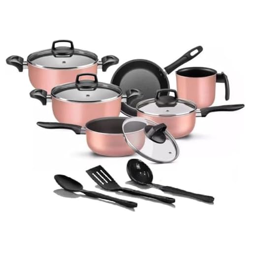 Jogo de Panelas 09 Peças Rosé Champanhe Antiaderente c/ Tampa de Vidro + Utensílios