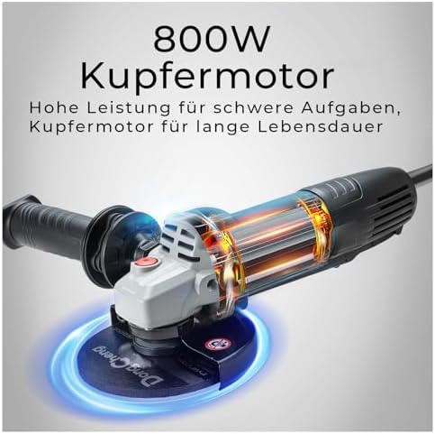 Bild 1 - DongCheng Winkelschleifer 800W, Scheiben-Ø: 125 mm, 11.800min-1, Handgriff mit Vibrationskontrolle, Schutzabdeckung, mit 2 Schleif-, 2 Fächer- und 2 Trennscheiben für Polieren, Schleifen und Schneiden