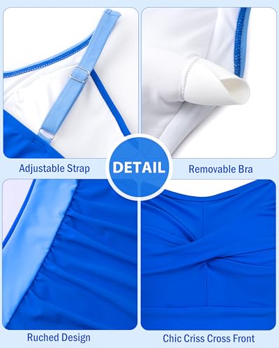 Image of DAXIANG Girls One Piece Swimsuit Modest Ruched Color Block Bathing Suit Tween Adjustable Straps Padded Swimwear Size 7-16