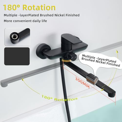 SHANFO Badewannenarmatur mit Handbrause, Wannenarmatur Langer Auslauf 30CM, Badewannen Armaturen Set, Schwarz, 8Y3OK