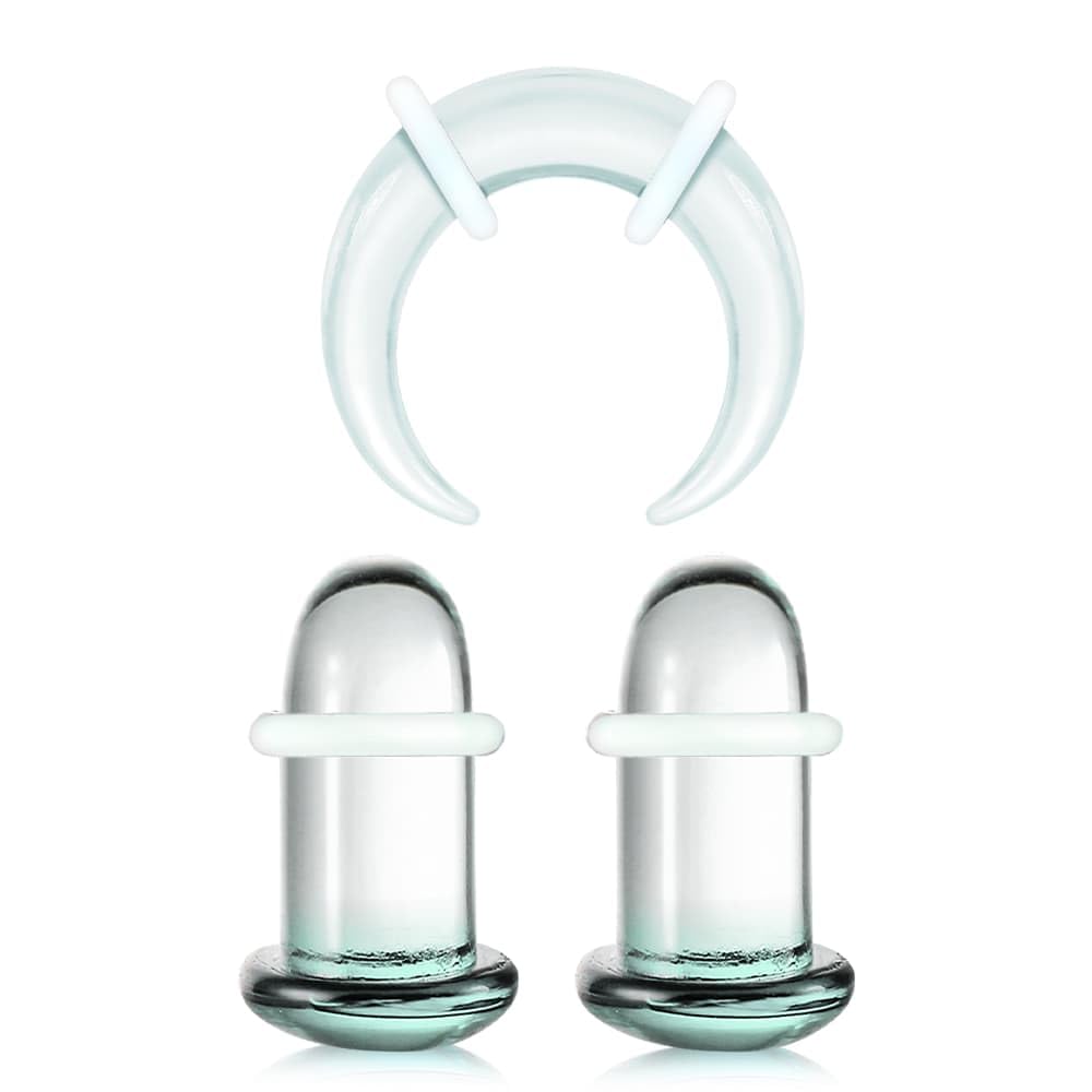 Earblity Single Flare Glass Stretching kits 1PC C-shape septum rings+1Pair Glass Gauges Taper Expander with Rubber O-Rings,1.6-8mm(14G-0G) Full Size