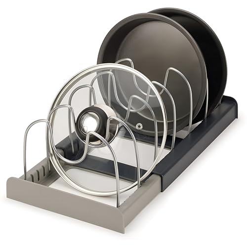 Kepzell Expendable Pot Lid and Baking Pan holder Cookware Storage Organizers countertop rack with Stainless Steel Adjustable Dividers | Inside Cabinet for Under Cabinet and drawer