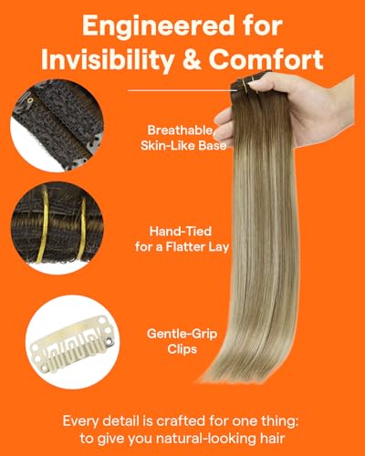 Image of Full Shine Ombre Clip in Hair Extensions Human Hair, 3 Pcs 60g 12 Inch | Short Clip in Extensions, Walnut Brown to Light Brown Mix Light Blonde, Straight Remy Hair Extensions, for Fine Hair