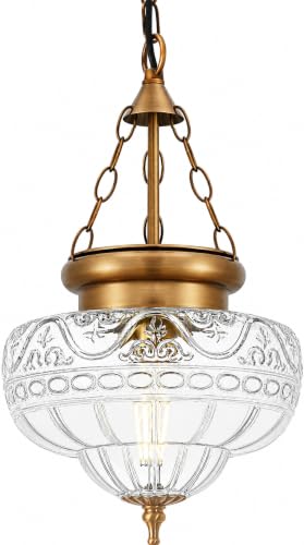 OIYIO Vintage Antique Brass Pendant Light Textured Glass Island Fixture