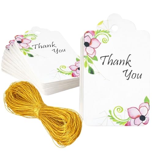 Image of CVANU Floral Thank You Gift Tags (Set of 150), Elegant Flower Design (D8) Hanging Tags with Gold String for Wedding Return Gifts & Small Business Packaging (2.85 x 1.7 Inch)