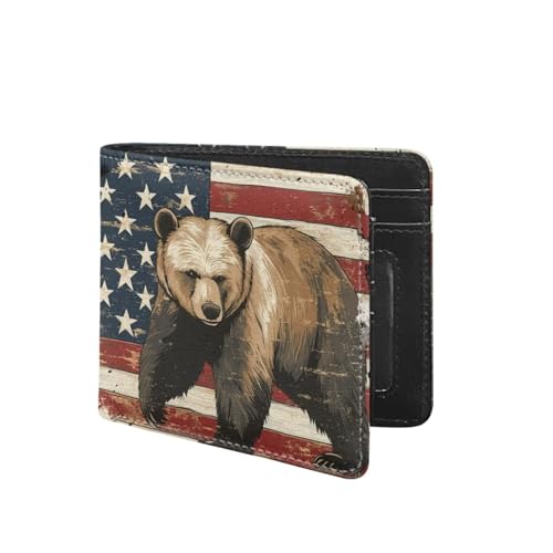 Coldinair Bear Teen Boy Cool Wallet USA Flag Leather Wallet for Teen Boys Kids Purse Child Bifold Rfid Blocking Wallet with Coin Pocket and Card Cash Holder for Youth Men Teenager