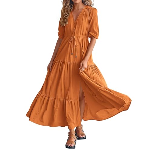 DeaAmyGline Sommerkleid Damen Lang Strandkleid Sommer Maxikleid Leicht und Luftig Boho Kleid mit Schlitz V Ausschnitt Knöpfen Kordelzug Waist Kurzarm...