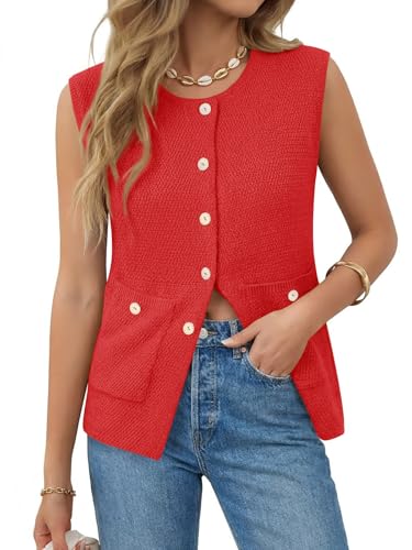 Image of Yousify Womens Sweater Vest Sleeveless Button Down Round Neck Knitted Tank Tops Casual Cardigan with Pockets