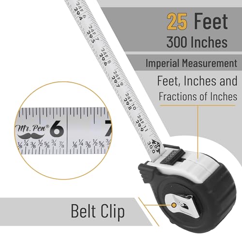 image for Mr. Pen- Retractable Tape Measure 25 ft, White, Easy Read, Steel Retra