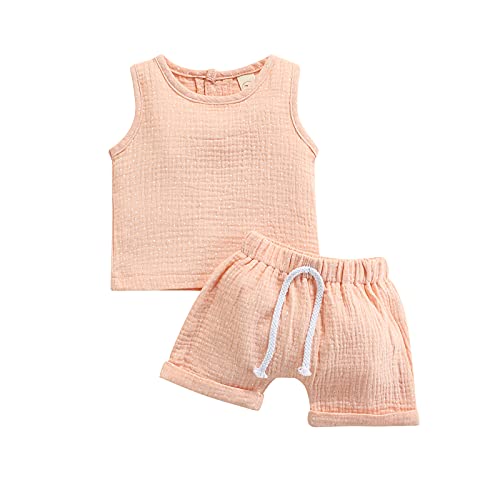 Thorn Tree Unisex Newborn Baby Sleeveless Clothes Set Solid Soft T-Shirt Elastic Waist Shorts 2PCS Outfits for Summer (Pink,12-18 Months)