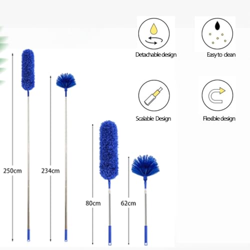 Image of Cobweb Duster with Extension Pole, Ceiling Cob Web Cleaner Kit with 2 Duster Heads, 15-100 Inch Telescopic Microfiber Cleaning Duster, Long Corner Duster Tool for High Walls, Fans, Blinds Blue