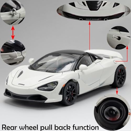 Image of 1:24 McLaren 720S Convertible Diecast Car | Alloy Metal Pull Back Toy Car with Openable Doors, Lights & Music | Model Car for Kids Boys Girls Gift & Collectors (White)
