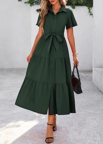 Image of KIRUNDO Summer Button Down Wedding Guest Shirt Dresses for Women Maxi Flutter Short Sleeve Flowy Tiered Beach Sun Dress