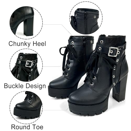 Image of FOREADA Goth Boots Chunky Heel Boot For Women Ankle Combat Booties Black Platform Bootie Buckle Rivets Punk Goth Shoes With Zipper