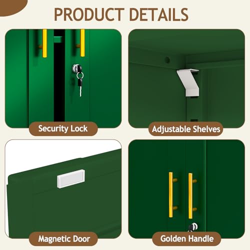Image of pozdeg 35 inch Metal Storage Cabinet with Lock and Wheels, Lockable Office File Cabinet with 2 Doors and 2 Adjustable Shelves, Rolling Steel Tool Garage Cabinets for Home Office (Green)