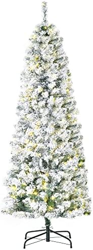 HOMCOM 6FT Prelit Artificial Snow Flocked Christmas Tree with Warm White LED Light, Holiday Home Xmas Decoration, Green White