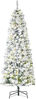 HOMCOM 6FT Prelit Artificial Snow Flocked Christmas Tree with Warm White LED Light, Holiday Home Xmas Decoration, Green White