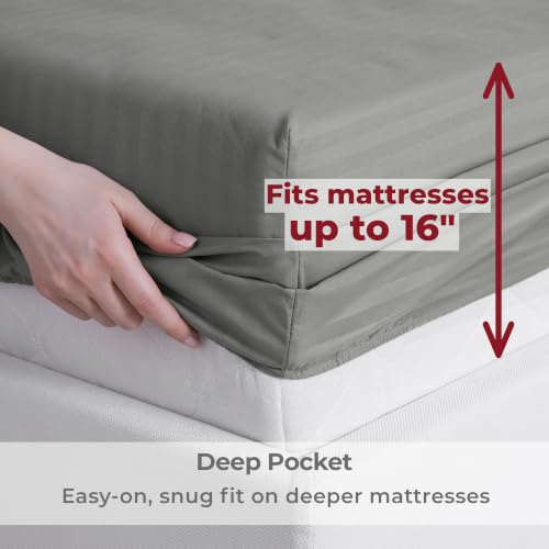 Image of Mellanni King Sheets Set - 4 PC Iconic Collection Bedding | Hotel Luxury, Extra Soft, Cooling Bed Sheets - Wrinkle, Fade, Stain Resistant (King, Striped Gray /Silver)