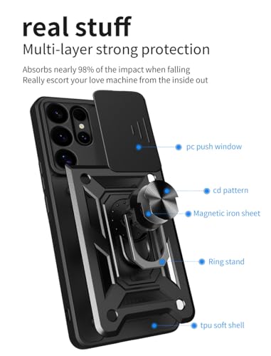 Image of SPAZY CASE Samsung Galaxy S25 Ultra Back Case | Heavy Duty Hybrid Case with 360 Degree Rotating Finger Ring Holder + Slider Shutter Camera Protection Cover for Samsung Galaxy S25 Ultra 5G - Black