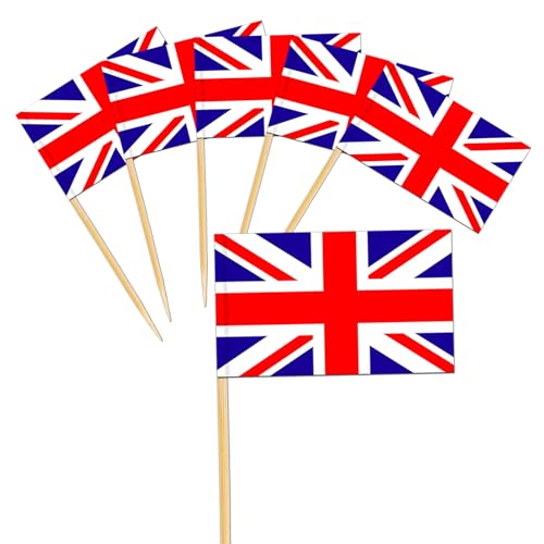 Henbrui 100pcs Union Jack Toothpick Flags Cocktail Flag Small UK Flag Cupcake Cake Topper Mini British Flags On Sticks for Cake Decorations Sandwich Food Fifa World Cup 2026 Pub Royal Event Decoration
