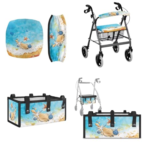 LVEWYB Beach Conch 3Pcs Rollator Walker Basket and Seat Backrest Protection Cover Sets Universal Rollator Walker Bag Seat Cushion Cover for Senior Ladies Printed Walker Accessories