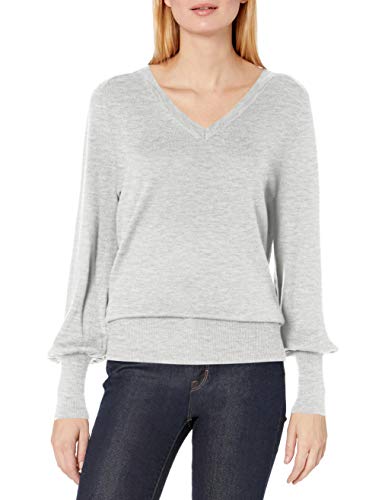 Amazon Brand - Lark & Ro Women's Long Balloon Sleeve V-Neck Sweater, GREY LIGHT HEATHER, M