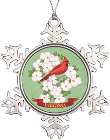 Pattebom Virginia State Cardinal Bird and Dogwood Flower Pewter Snowflake Christmas Ornaments Christmas Tree Hanging Pendant Decoration Novelty Xmas Gifts