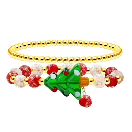 Image of 2 Christmas Couple Bracelets, Santa /Christmas Starfish /Christmas Tree Charm and 4mm Brass Beaded Stretch Bracelet for New Year Gifts for Family and Friends