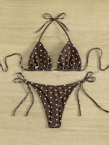 Image of Tainehs Women's Sexy Halter Thong Bikini Tie Two Sides Bottom Triangle Bikini Swimsuits