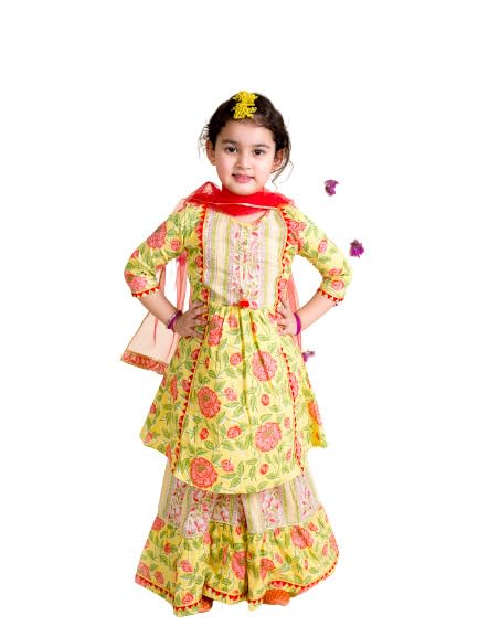 Pspeaches Girls Yellow Floral Printed Pleated Pure Cotton Kurta With Sharara With Dupatta (Yellow-4-5Y)