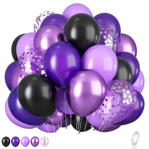 Biapian Ballons violet noir, 12 pouces métallisé violet foncé violet noir ballons avec confettis violets ballons en latex pour Halloween filles femmes anniversaire décorations de fête de mariage