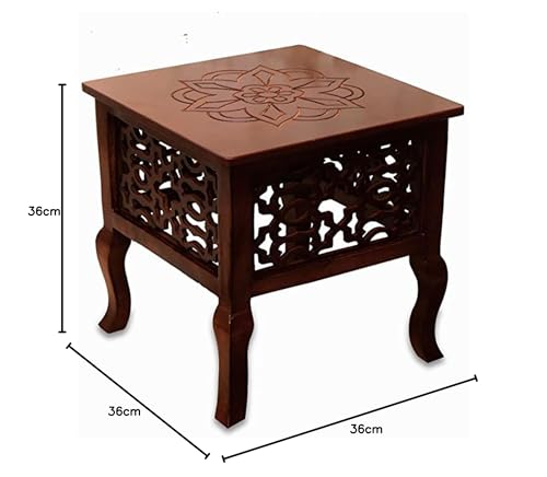 Image of Wooden Table with Hand Carving Design Living Room, Bedroom Furniture Square Top Side End Accent Table for Living Room, Bed Room, Office etc