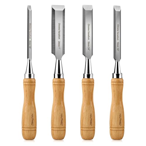 HAUTMEC 4-Piece Wood Chisel Set – CRV Steel Bevelled Edge Blades with Beech Handles for Woodworking & Carving (6mm, 12mm, 18mm, 24mm) – HT0315