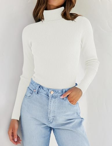 Image of ZESICA Women's Turtleneck Long Sleeve Shirts 2026 Spring Trendy Tops Slim Fitted Ribbed Knit Basic Casual Sweater