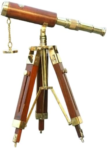 Generic 10"" Handcrafted Brass Antique Adjustable Telescope with Brown Wooden Tripod Retro Pirate Spyglass Single Barrel Telescope for Home & Office Decor, As Shown In Image