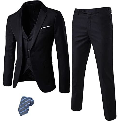 MrSure Herren 3-teiliger Anzugblazer, Slim Fit Smoking mit einem Knopf, Jacke, Weste, Hose & Krawatte Set für Party, Hochzeit und Business, Schwarz, XL