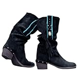  Minetom Femmes Bottes Suède Zipper Franges Bottes Hautes Hiver Vintage Chaussures Talons Bloc Boots Cavalière Mollets B Noir 39 EU
