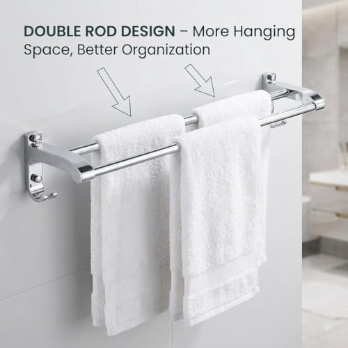 Image of iSTAR Double Rod Towel Holder - Stainless Steel Wall Mounted 2 Bar Towel Rack, 24 Inch Rust-Proof Chrome Finish (Silver, Pack of 4)