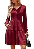 Kate Kasin Fall Dresses for Women 2025, Wine Red Long Sleeve Sweater Dress, Button V Neck Ribbed Knit Babydoll Dresses with Pockets XL