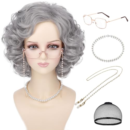 Tereshar Old Lady Costume Wig and Accessories 5pcs Set for Women Grey Curly Granny Wigs Heat Resistant Grandma Wigs for 100 Days of School Cosplay Party Halloween Or Fun