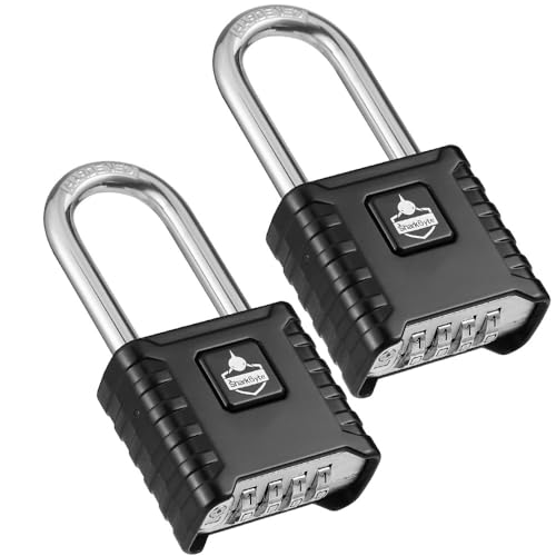 SharkByte 2 Pack Long Shackle Combination Padlocks [Weatherproof] 52mm 4-Digit Outdoor locks, 8mm Stainless Steel Shackles, Anti-Rust & Resettable Code Locks for Gate, Fence, Garage, Shed, Gym - Black