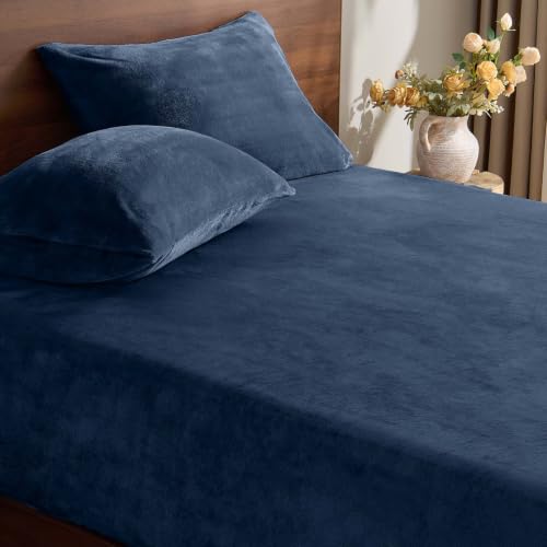 Image of BEDELITE Flannel Full Fitted Sheet & Pillowcases Set, Navy, 3 Pieces | Ultra Soft Plush Fleece Bed Sheet with Elastic Corner Straps, 16 Inch Deep Pocket, Fuzzy All-Season Gift & Room Decor