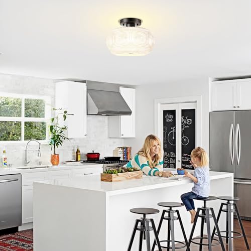 Image of 11 Inch Milk Glass Semi Flush Mount Ceiling Light Fixture, Black